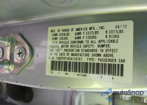 2012 Honda Accord 2.4 Lx из США, поврежденный, VIN 1HGCP2F39CA139761